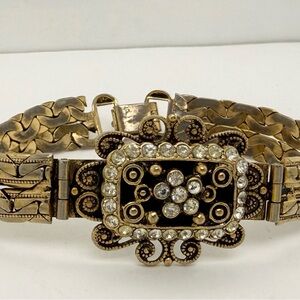 Vintage Antique Art Nouveau Filigree Gold Tone Crystal Statement Bracelet